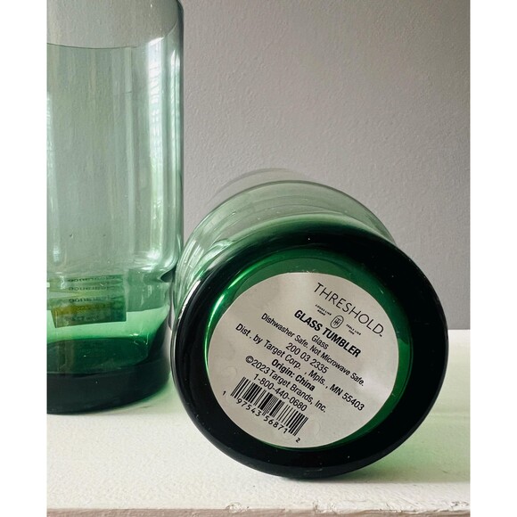 Threshold Green Glass Tumblers Set of 2 Modern Cocktail Water Glasses - Picture 5 of 5